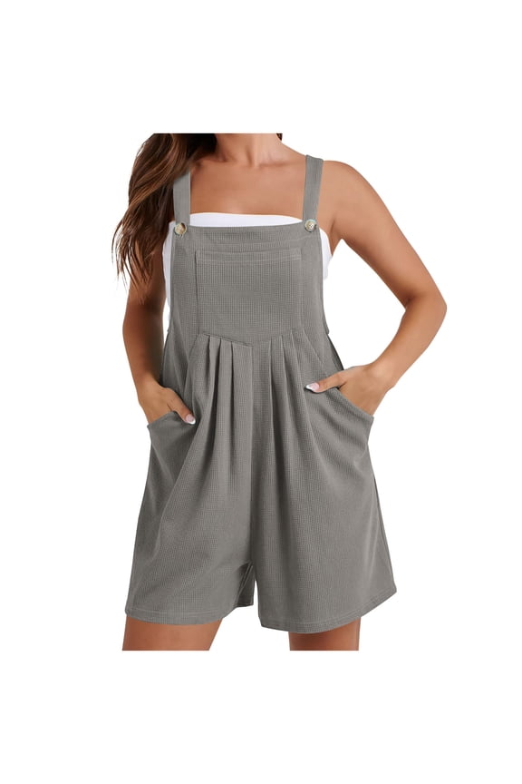 Women's Short Overalls Casual Loose Bib Jumpsuits Button Up Adjustable Straps Rompers with Pockets