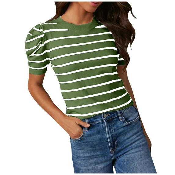 FAIWAD Women's Short Puff Sleeve Knit Tops Trendy Crewneck Striped T Shirts Casual Summer Going Out Blouses