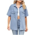 thumbnail image 1 of FAIWAD Women's Short Sleeve Button Down Denim Coats Loose Casual Lapel Lightweight Jean Jacket with Pockets, 1 of 8