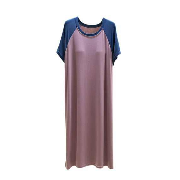 FAIWAD Women's Short Sleeve Maxi Dress Round Neck Color Block Loose Dress Casual Full Length Nightshirt
