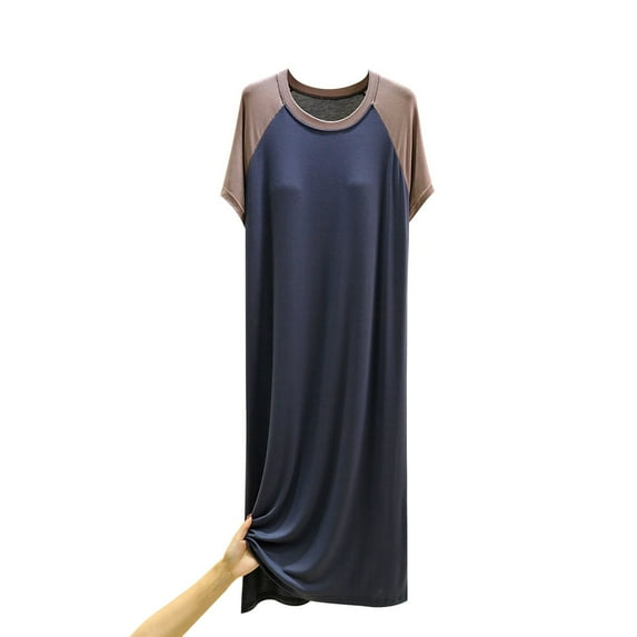 FAIWAD Women's Short Sleeve Maxi Dress Round Neck Color Block Loose Dress Casual Full Length Nightshirt