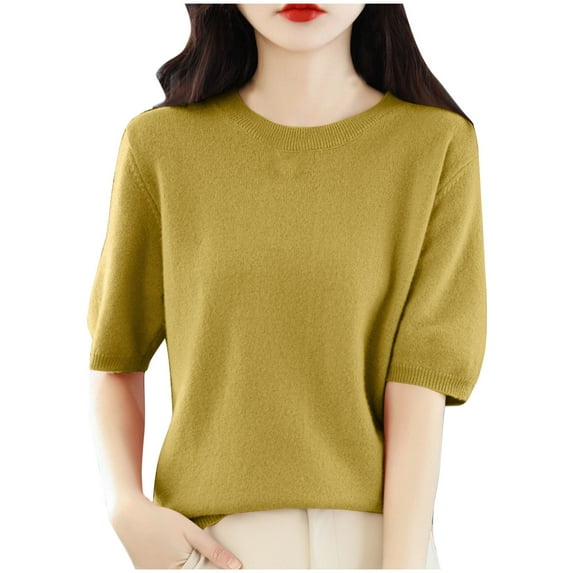FAIWAD Women's Short Sleeve Pullover Sweater Round Neck Shirt Puff Sleeves Lightweight Summer Tops