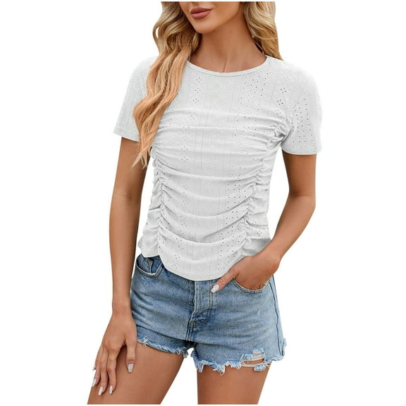 FAIWAD Women's Side Drawstring Basic Summer T-Shirts Short Sleeve Round Neck Slim Stretch Mesh Tops