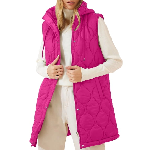 FAIWAD Women's Sleeveless Long Quilted Vest Casual Hooded Button Down Puff Jacket Lightweight Winter Warm Padded Outerwear