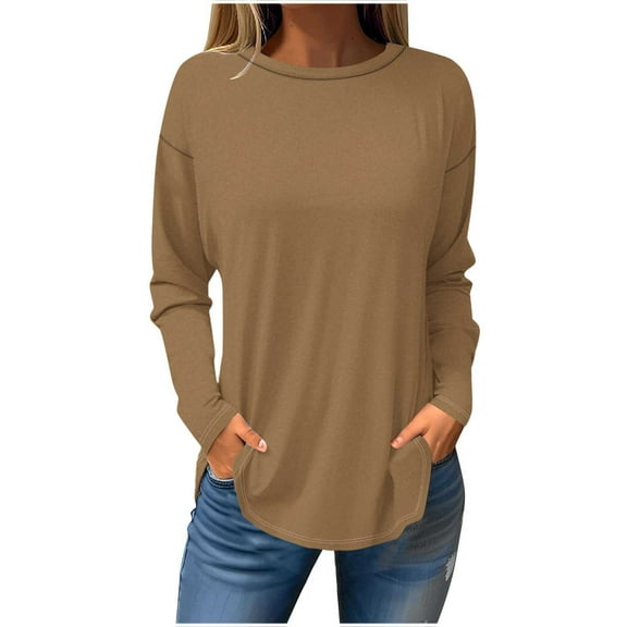 FAIWAD Women's Spring Long Sleeve Tunic Tops Round Neck Plus Size Solid Color Loose Pullover Tops