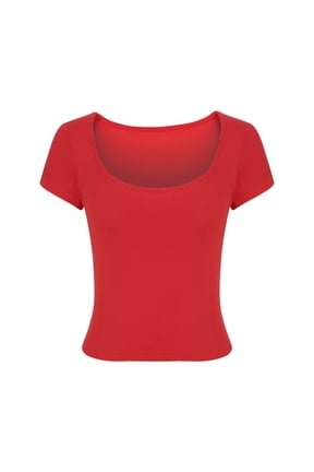 Women's Square Neck Crop Tops Short Sleeve Tight Going Out Cute T-Shirt Ladies Workout Basic Tees