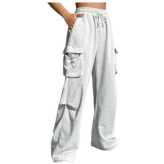 FAIWAD Women's Stretch Sweatpants Casual High Waist Elastic Drawstring Jogger Sports Pants with Pockets (Large, Gray)