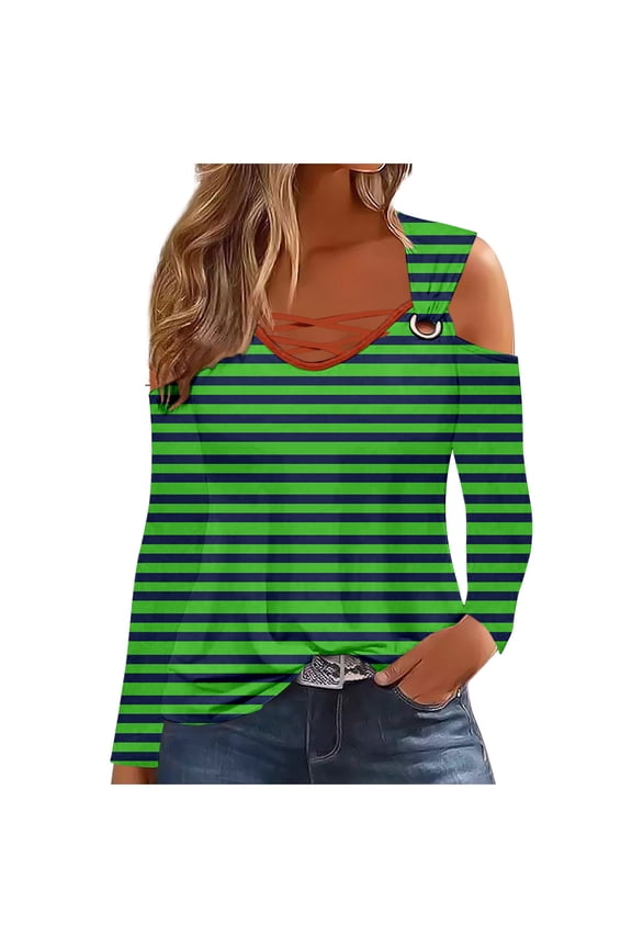 Women's Striped Long Sleeves Cold Shoulder Tops Criss Cross V Neck Fall Trendy Going out Blouse Tees
