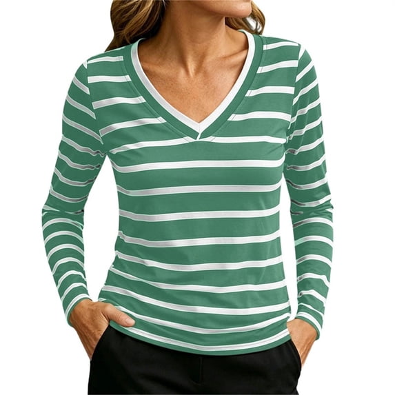 FAIWAD Women's Striped Tops V Neck Long Sleeve Slim Fitted Tee Shirts Workout Running Activewear