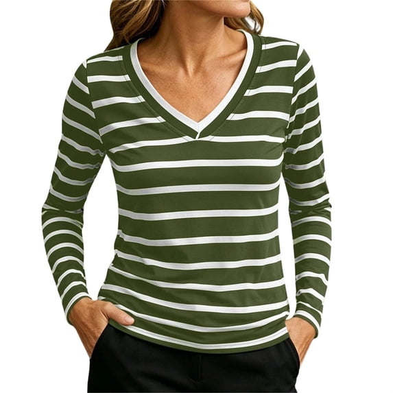 FAIWAD Women's Striped Tops V Neck Long Sleeve Slim Fitted Tee Shirts Workout Running Activewear