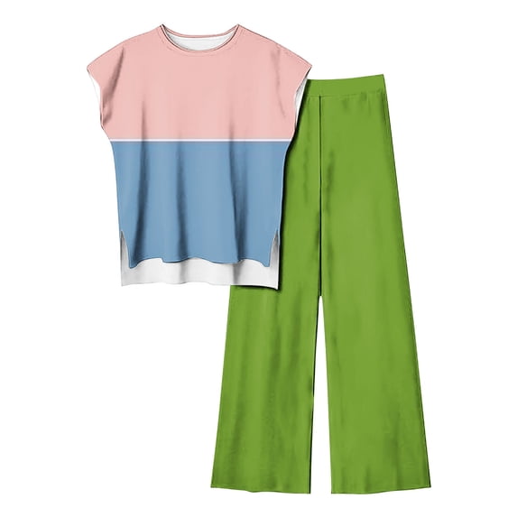 FAIWAD Women's Summer 2 Piece Outfits Cap Sleeve Slit Cropped Top and Wide Leg Pants Lounge Tracksuit