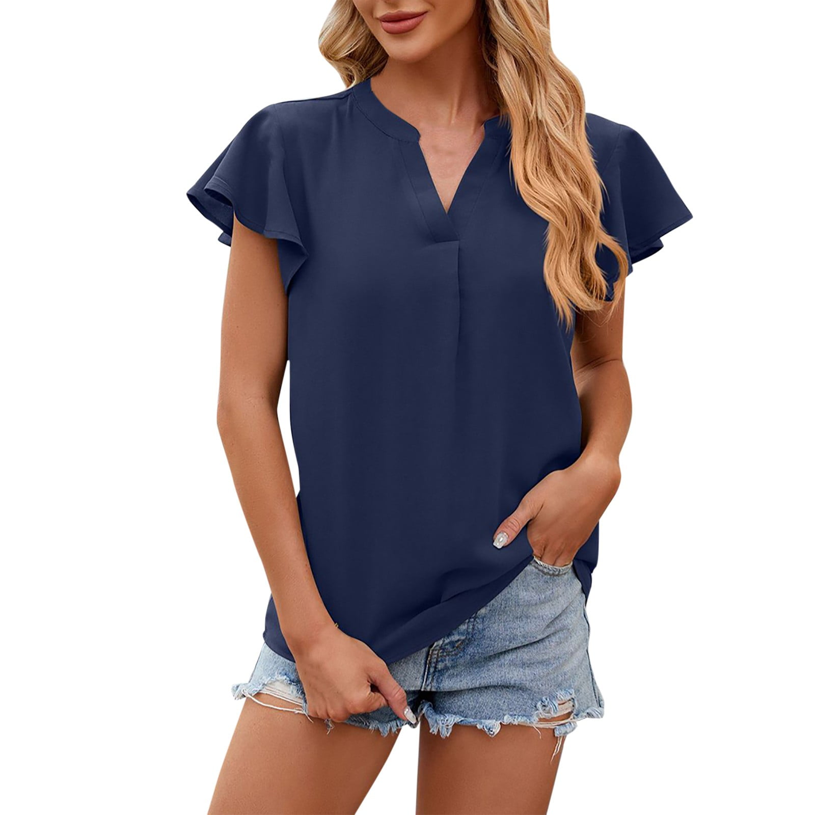 FAIWAD Women's Summer Tops Ruffle Short Sleeve V Neck Tunic Shirts ...