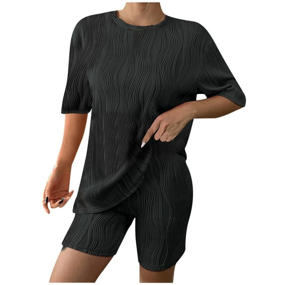 FAIWAD Women's Textured 2 Piece Outfits Lounge Sets Short Sleeve Tops Slim Biker Shorts Soft Pajamas Sweatsuit Set