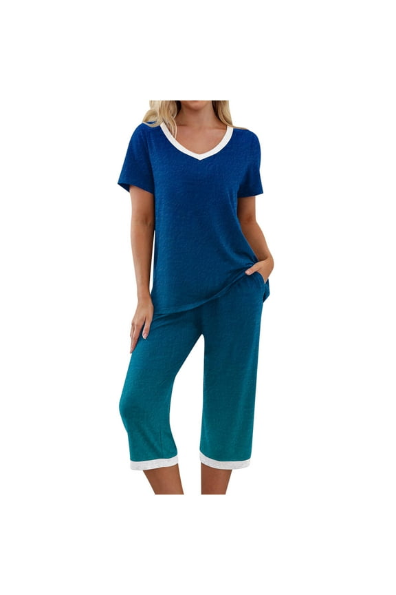Women’s Two Piece Pajama Set Sleepwear Short Sleeve Tops with Capri Pants Summer Casual Solid/Floral Lounge Sets