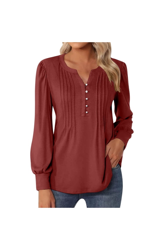 Women's V Neck Long Sleeve Tunic Tops Pleated Layered Button Down Slim Pullover Tops