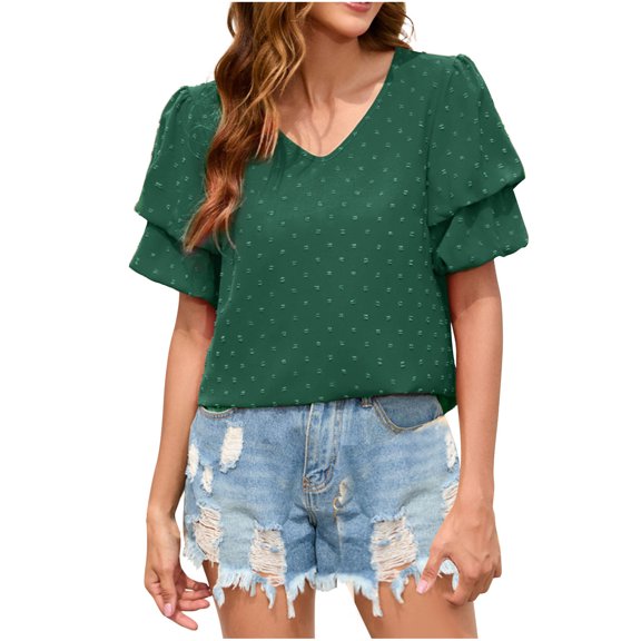 FAIWAD Women's V Neck Ruffle Tops Summer Flowy Short Sleeves Blouse Loose Casual Dressy Work Tops