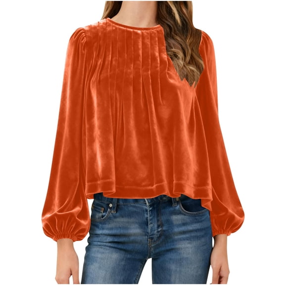 FAIWAD Women's Velvet Tops Puff Long Sleeve Dressy Velour Blouse Pleated Smocked Casual Work Shirts