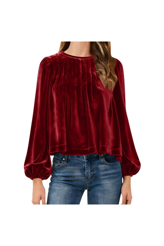 Women's Velvet Tops Puff Long Sleeve Dressy Velour Blouse Pleated Smocked Casual Work Shirts