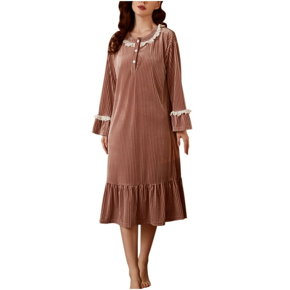 FAIWAD Women's Velvet Vintage Nightdress Long Sleeve Button Ruffle Hem Nightgowns Soft Pajamas Dress