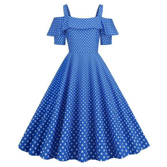 FAIWAD Women's Vintage Cocktail Dresses Off Shoulder Strap Polka Dress Summer Flowy Patchwork Dress