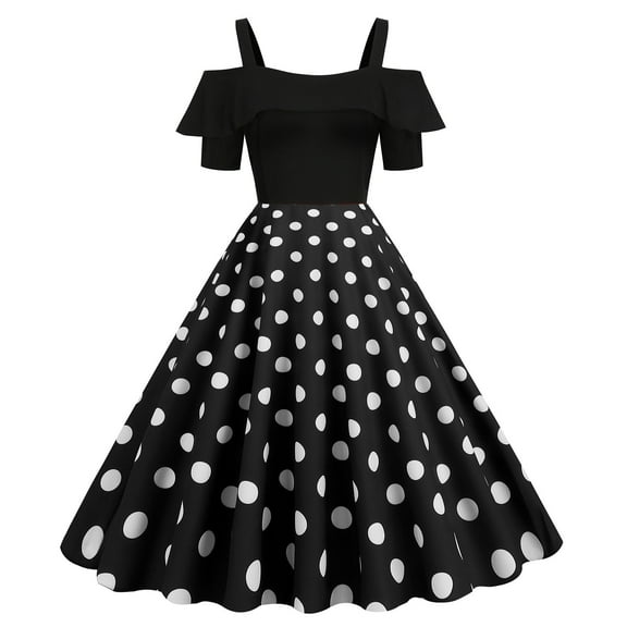 FAIWAD Women's Vintage Cocktail Dresses Off Shoulder Strap Polka Dress Summer Flowy Patchwork Dress