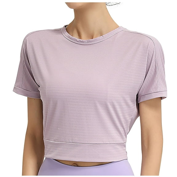 FAIWAD Women's Workout Yoga Cropped Tops Round Neck Solid Color Short Sleeve T-Shirt Casual Stretch Sport Tee Tops