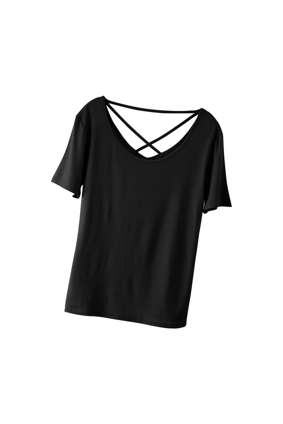 Women's Yoga Shirts Tops Criss Cross Front V-Neck Short Sleeve Top Workout Sport T-Shirt Blouse