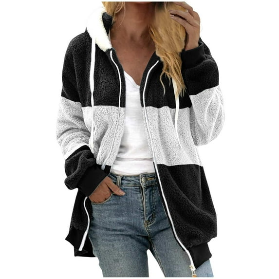 FAIWAD Women's Zip Fleece Hoodies Color Block Open Front Cardigan Jacket Drawstring Fall Winter Hooded Coats