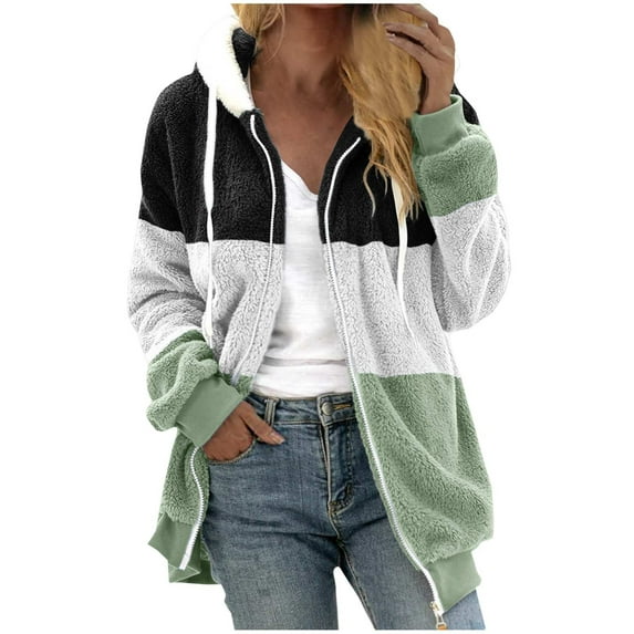 FAIWAD Women's Zip Fleece Hoodies Color Block Open Front Cardigan Jacket Drawstring Fall Winter Hooded Coats
