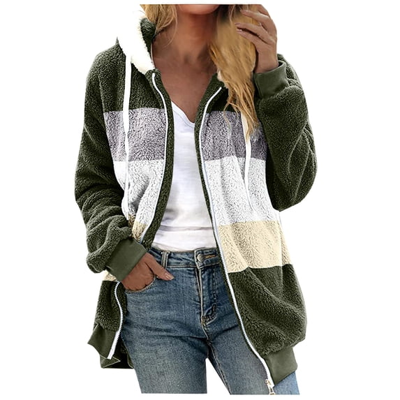 FAIWAD Women's Zip Fleece Hoodies Jacket Striped Color Block Open Front Cardigan Jacket Fall Winter Warm Coats