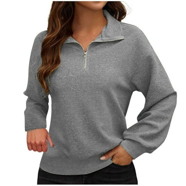 FAIWAD Women's Zip Pullover Sweatshirt Long Sleeve Lapel Solid Color Casual Fall Winter Lightweight Tops