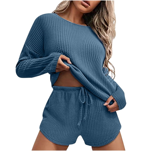 FAIWAD Womens 2 Piece Outfit Drop Shoulder Long Sleeve with Drawstring Shorts Tracksuit Sets (Medium, Blue)