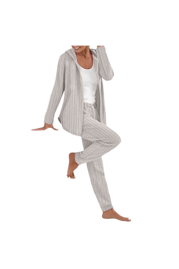 Womens 2 Piece Outfits Ribbed Knitted Sweatsuit Zip up Hoodie Coat and Pants Sleepwear Loungewear Sets