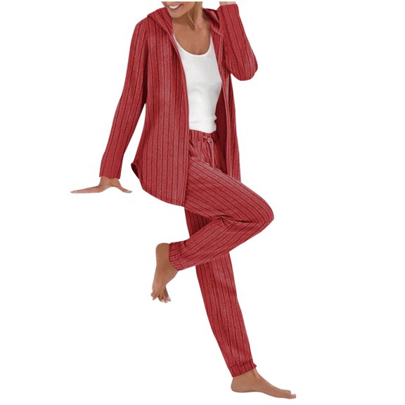 FAIWAD Womens 2 Piece Outfits Ribbed Knitted Sweatsuit Zip up Hoodie Coat and Pants Sleepwear Loungewear Sets