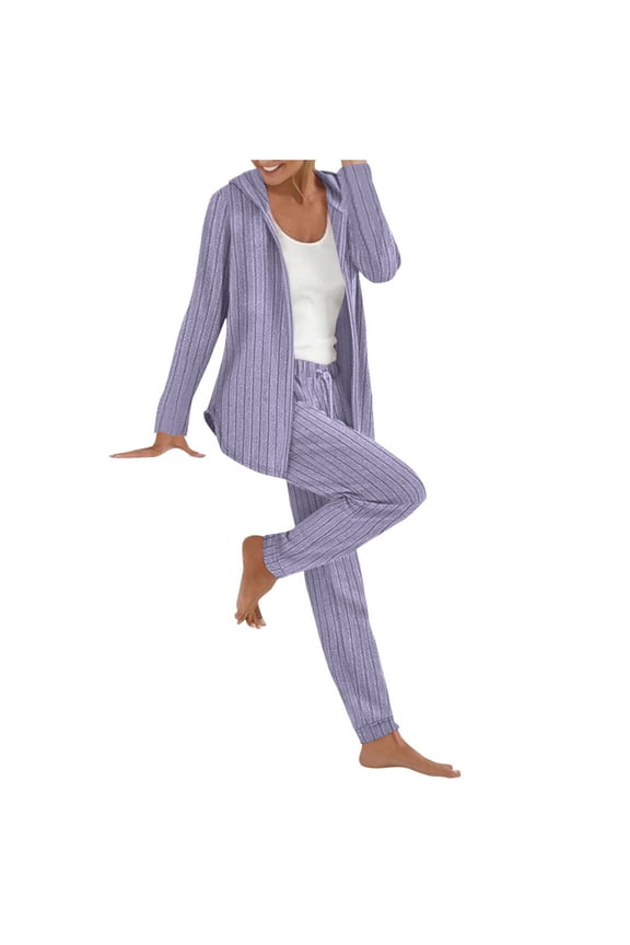 Womens 2 Piece Outfits Ribbed Knitted Sweatsuit Zip up Hoodie Coat and Pants Sleepwear Loungewear Sets