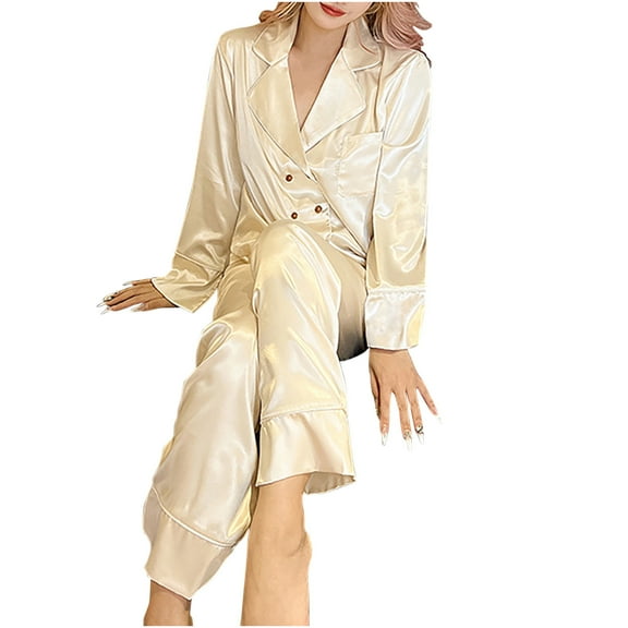FAIWAD Womens 2 Piece Satin Pajama Set Long Sleeve Button Shirts and Pants Comfy Loungewear Sets