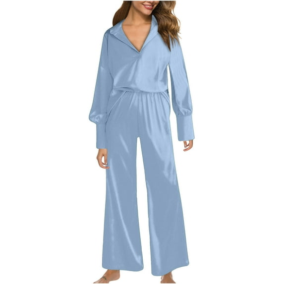 FAIWAD Womens 2 Piece Satin Pajamas Set Long Sleeve V Neck Tops with Soft Pants Loose Lightweight Outfit