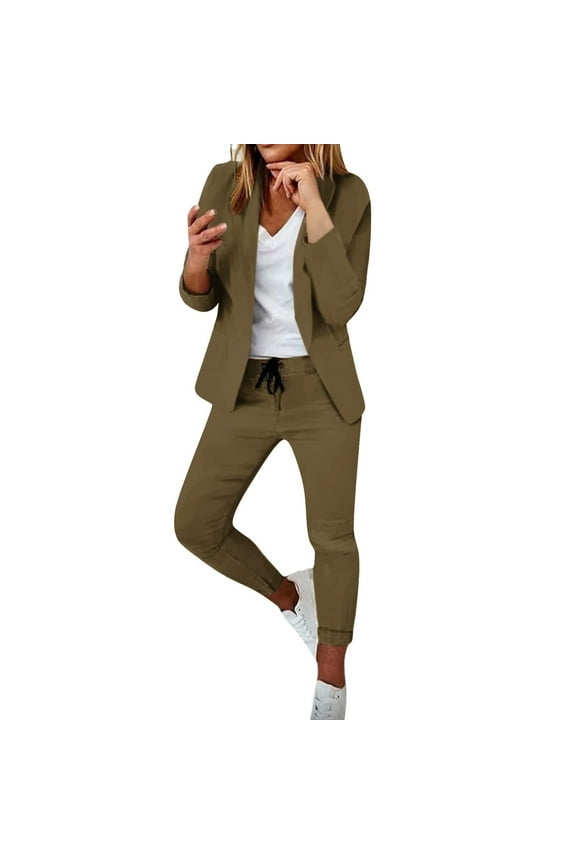 Womens 2 Piece Suit Open Front Long Sleeve Blazer with Elastic Waist Straight Pant Elegant Blazer Suit (XX-Large, Brown)