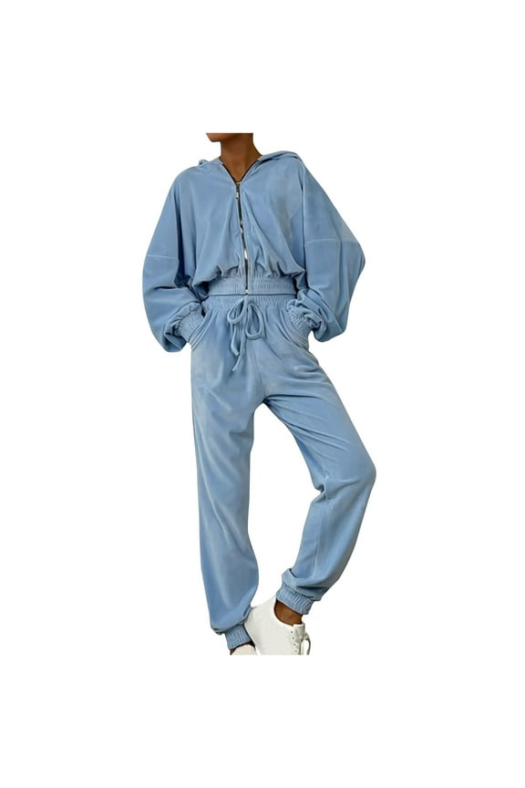 Womens 2 Piece Sweatshirt Outfits Long Sleeve Cardigan Solid Color Top Matching Pants Ladies Zip Up Set (Small, Blue)