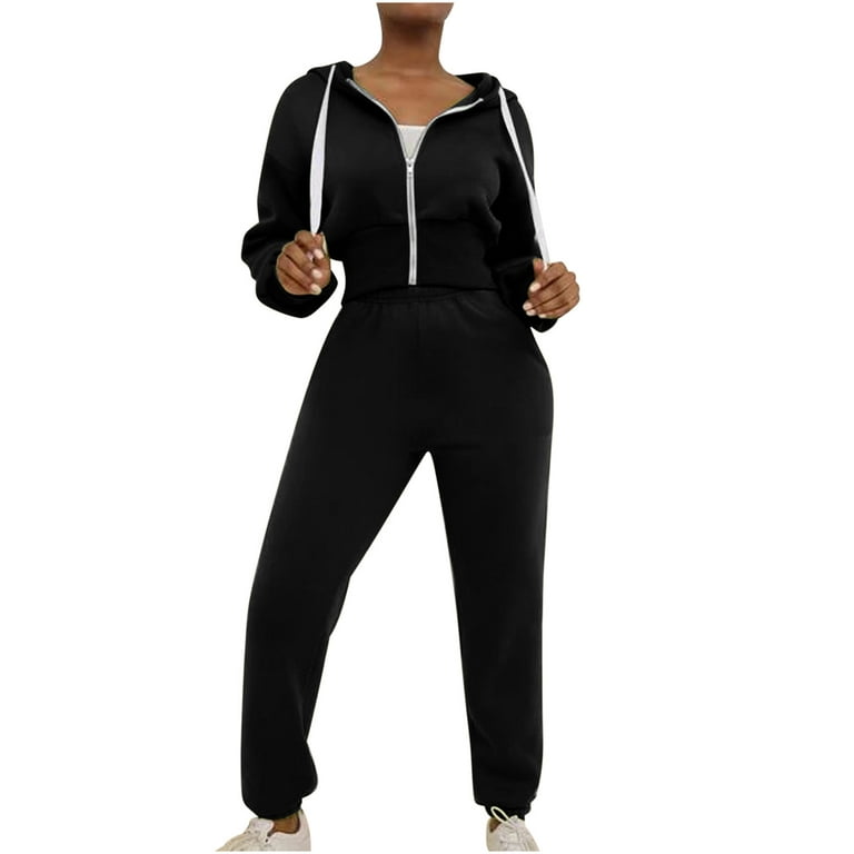 FAIWAD Womens 2 Piece Sweatsuit Outfits Zip Hooded Drawstring Sweatshirt  with Jogger Pants Workout Sets (Small, Black)