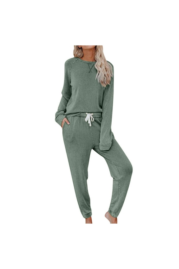 Womens 2 Piece Tracksuit Casual Long Sleeve Round Neck Tops and Elastic Waist Pants Set with Pockets