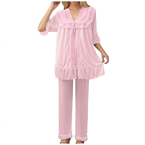 FAIWAD Womens 2Pcs Pajamas Set Babydoll Ruffle Pullover Tops and Full Length Pants Summer Lightweight Princess Sleepwear Sets