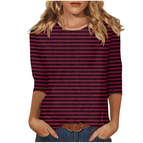 FAIWAD Womens 3/4 Sleeve Tops Summer Round Neck Striped Shirts Dressy Loose Basic Tunic Tees