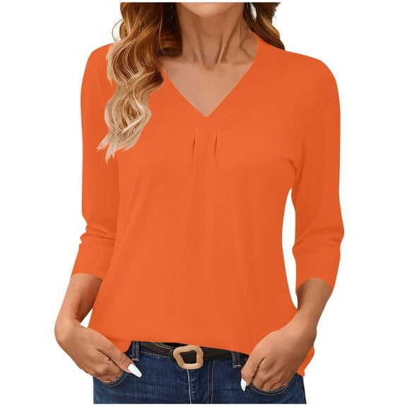 FAIWAD Womens 3/4 Sleeve Tops Trendy V Neck Solid Color Loose Comfy Tunic Tops Casual Dressy T-Shirts