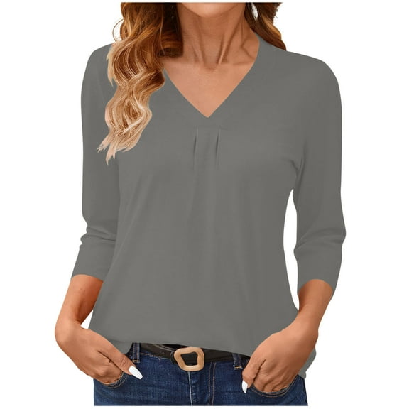 FAIWAD Womens 3/4 Sleeve Tops Trendy V Neck Solid Color Loose Comfy Tunic Tops Casual Dressy T-Shirts
