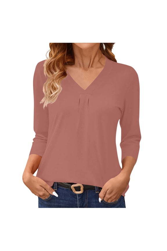 Womens 3/4 Sleeve Tops Trendy V Neck Solid Color Loose Comfy Tunic Tops Casual Dressy T-Shirts