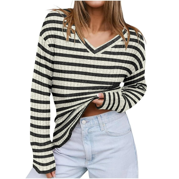 FAIWAD Womens Basic Striped T-Shirts Casual V-Neck Long Sleeve Tops Trendy Going Out Daily Tees