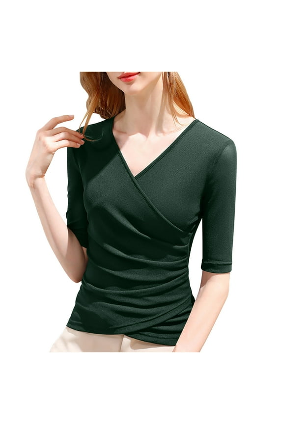 Womens Basic Tops Long Sleeves V Neck Cross Wrap Slim Stretch Crop Tops Lightweight Spring Tops