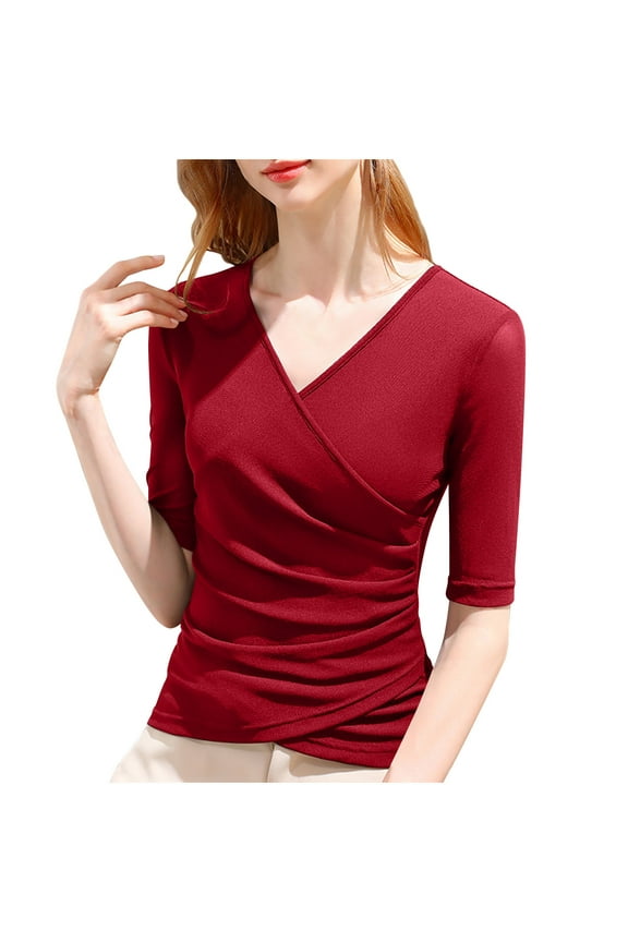 Womens Basic Tops Long Sleeves V Neck Cross Wrap Slim Stretch Crop Tops Lightweight Spring Tops
