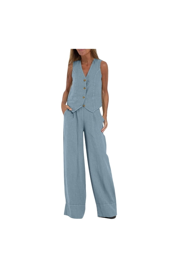 Cotton Linen 2 Piece Outfits for Women Solid Color V Neck Vest Waistcoat with Wide Leg Pant